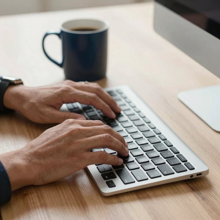 A close-up photography of a person’s hands typing on a modern keyboard. Beside it, a coffee mug in Dark Blue sits on a light wooden table. Latin American / General Spanish-speaking workspace vibe with morning sunlight.