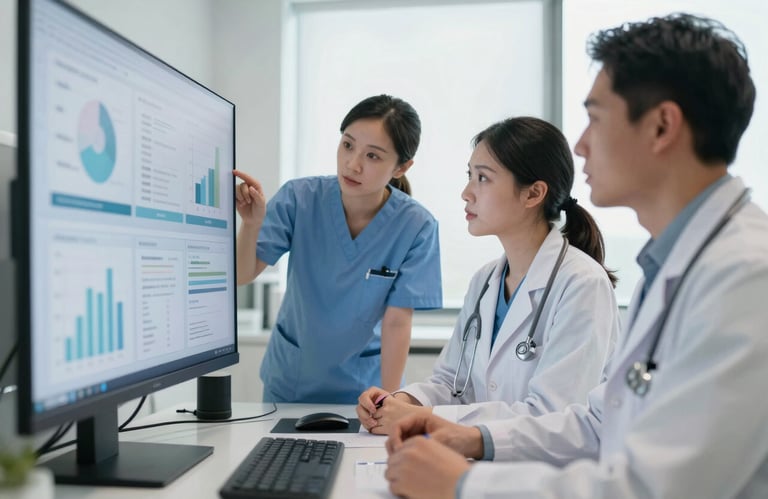 A collaborative team of healthcare professionals in a North American office looking at a large digital screen displaying analytics, bright atmosphere.