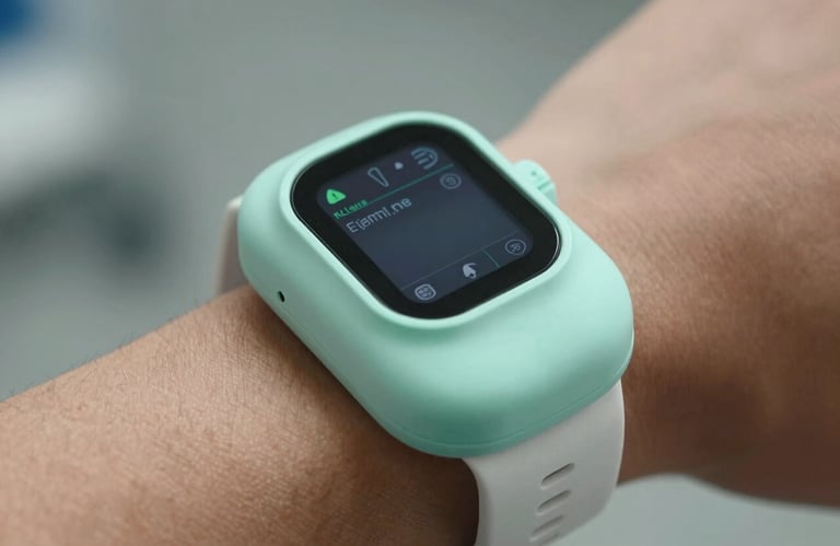 A close-up of a high-tech medical wearable device on a wrist in a North American setting, clean studio lighting with seafoam green highlights.