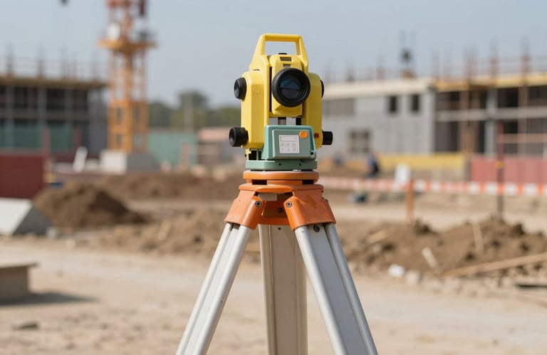 Detailed shot of a surveyor's equipment on a tripod at a construction site, emphasizing precision and modern technology.