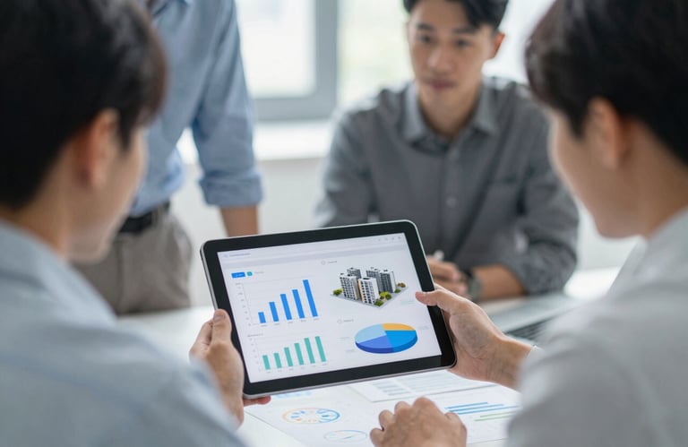Engineers discussing over a digital tablet, showing graphs and 3D building models, representing efficient project management.