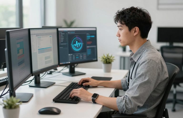 A focused developer working at a contemporary North American workspace with a clean, organized desk and multiple screens, in a bright and airy room.