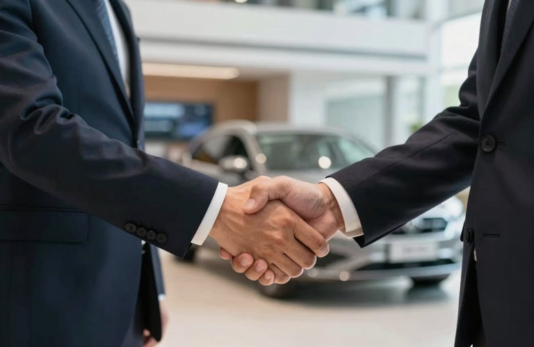 A professional handshake between two people in a business attire against a background of a modern car showroom office.