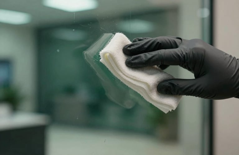 A macro shot of a hand in a professional glove cleaning a glass surface to a perfect shine in a Central European / French commercial lobby, lighting reflecting Dark Charcoal and Forest Green tones.