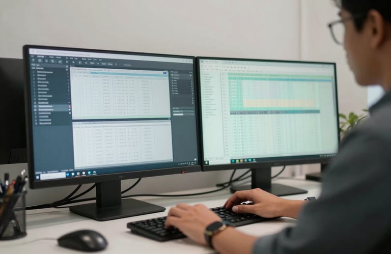 A professional Southeast Asian / Indonesian editor working at a desk with two monitors, analyzing data, clean and organized workspace, Steel Blue and Soft Mint Cream color palette.