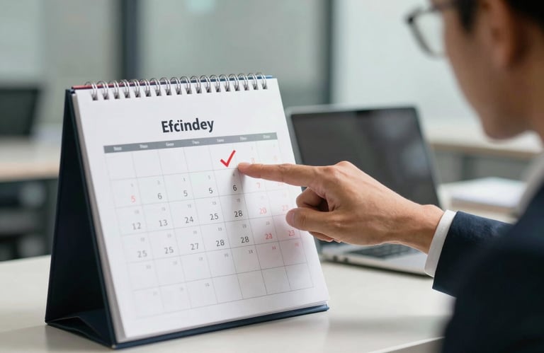 An Indonesian professional pointing at a calendar and a checklist, symbolizing efficiency and meeting deadlines, modern office background, soft daylight.