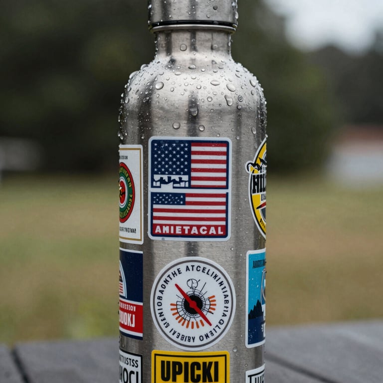 A close-up of a stainless steel water bottle covered in custom stickers, with fresh water droplets on the surface to demonstrate waterproof qualities, North American outdoor setting.