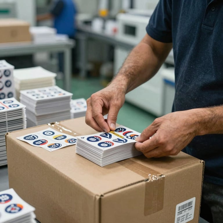 A worker in a clean, modern production facility packing stacks of custom die-cut stickers into a cardboard shipping box, North American / US.