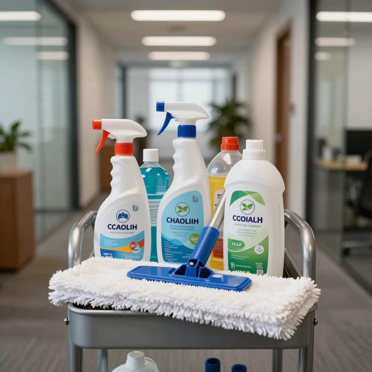 A collection of high-end, eco-friendly cleaning supplies and microfiber mops arranged neatly in a professional cleaning trolley inside a modern US office hallway.