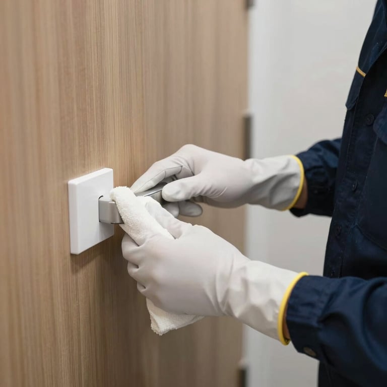 A professional cleaner in white gloves and a navy blue uniform sanitizing a modern office door handle and light switch, showcasing hygienic protocols.