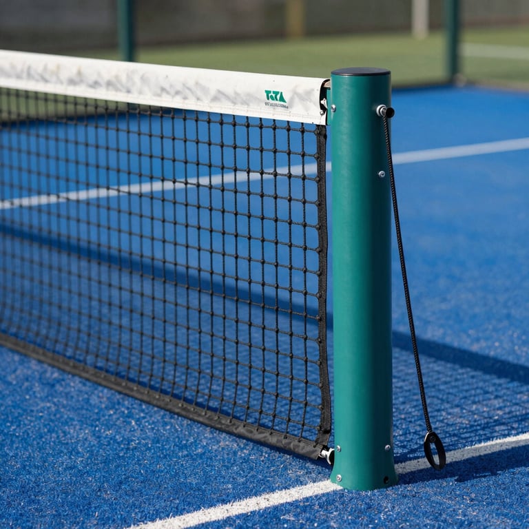Close-up of the professional-grade net and tension system on a padel court, modern design with medium teal green accents.