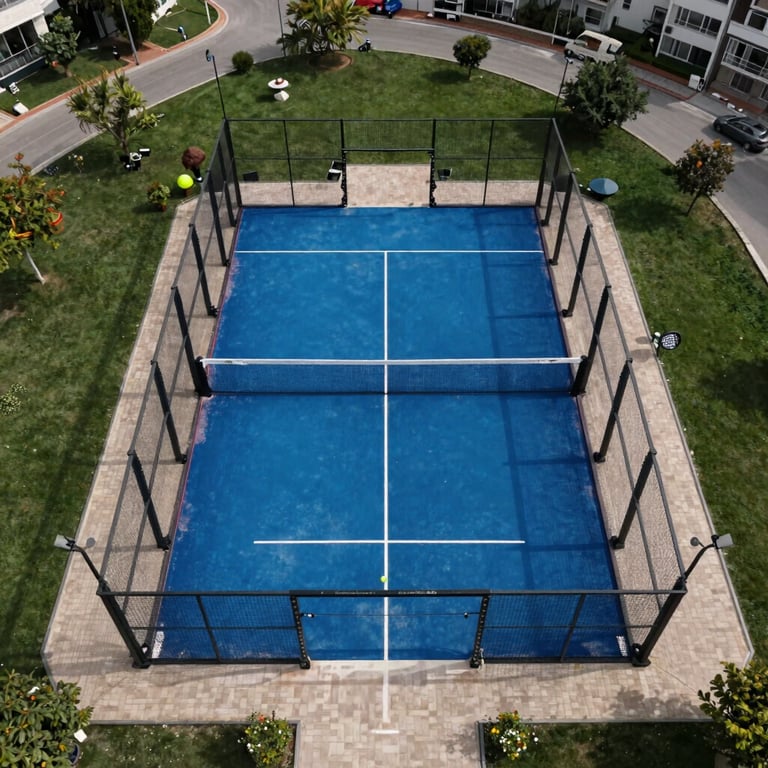 A bird's eye view of a completed padel court project in a Turkish urban park, showing the symmetry and professional installation.