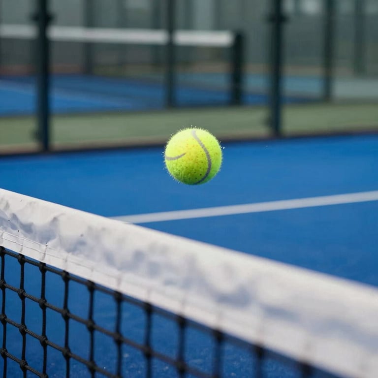 High-action shot of the ball bouncing off the glass wall of a padel court, showcasing the high-quality bounce and response.