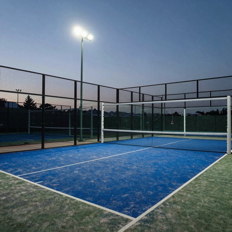 Evening shot of a padel court with LED floodlights turned on, creating a crisp and clear play area under a Turkish sky.