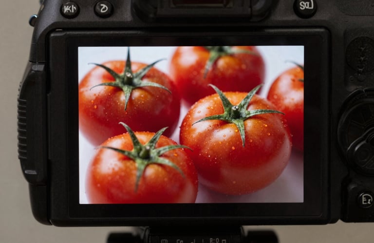 A behind-the-scenes shot of a professional camera screen displaying a shot of fresh, deep ripe crimson tomatoes.