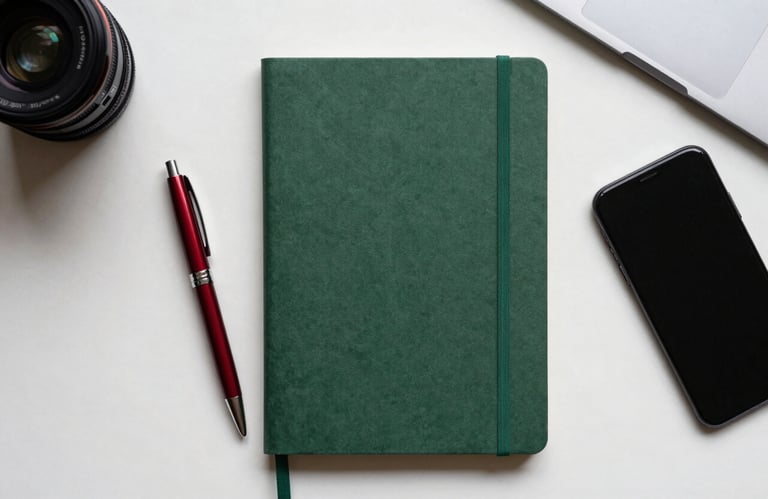A top-down flat lay of a matte forest green notebook, a crimson pen, and a smartphone on a crisp parchment desk.