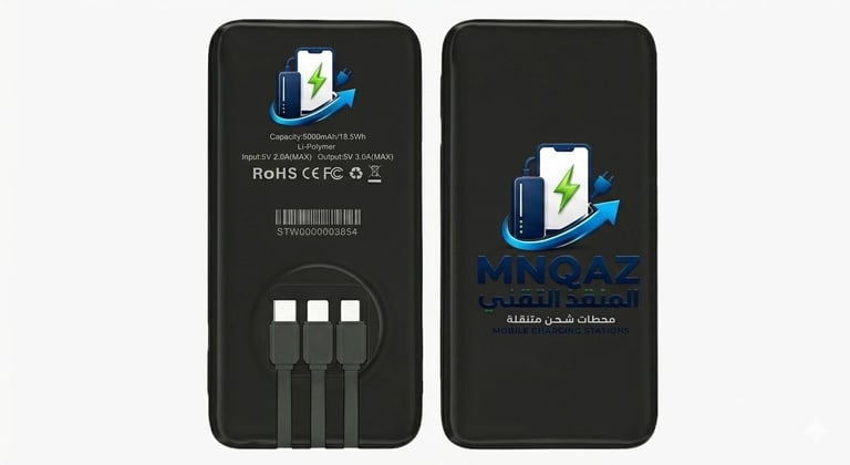 Portable MNQAZ power bank with built-in charging cables and 5000mAh capacity for mobile devices.