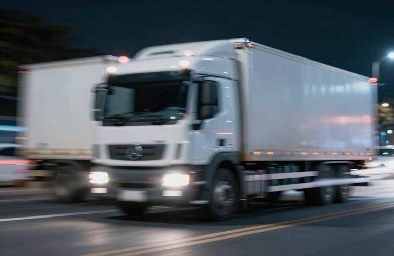 A high-speed blur of a logistics vehicle's lights at night, symbolizing fast and efficient movement, using #8DB6CC and #F2F5F7 highlights.