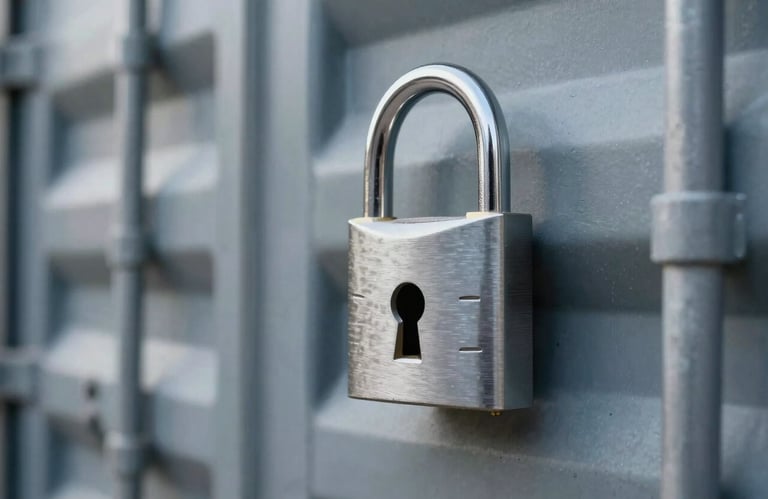 A silver security padlock on a steel cargo container, symbolizing safety and protection, styled with professional corporate lighting and #3A5F70 accents.