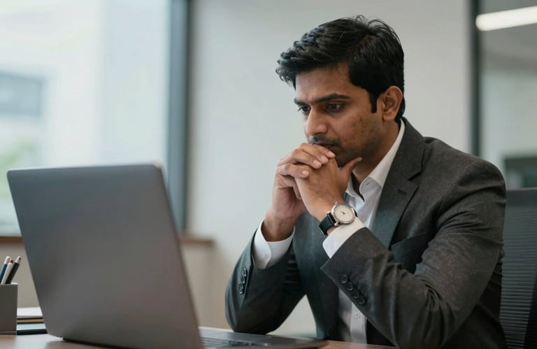A candid photograph of a professional advisor in a formal South Asian / Indian business suit, nodding while listening attentively in a modern, well-lit office.
