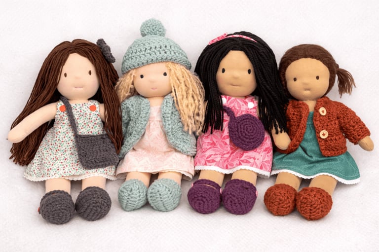 Cuatro muñecas artesanales estilo Waldorf, diversas entre sí, con ropa tejida en colores vivos