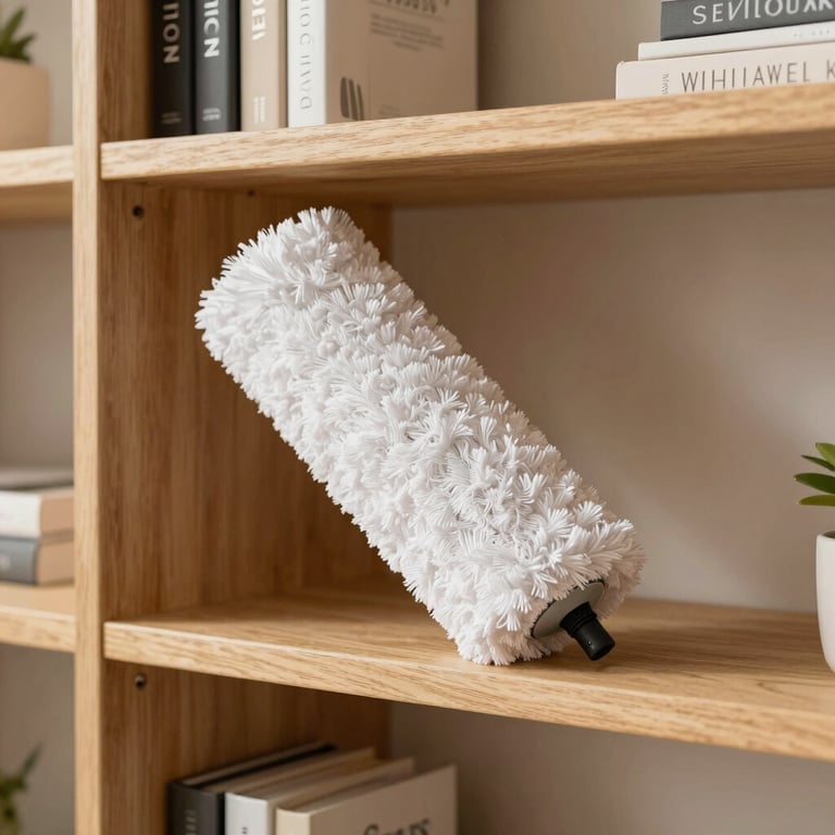 A close-up action shot of a high-quality microfiber duster being used to clean a modern wooden bookshelf in a bright US home.