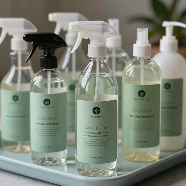 A collection of high-end eco-friendly cleaning supplies in clear glass bottles with sage green labels, arranged on a light blue tray.