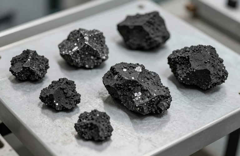 Close-up of high-quality iron ore samples on a clean industrial desk, representing the raw material excellence of the trading division, neutral lighting.