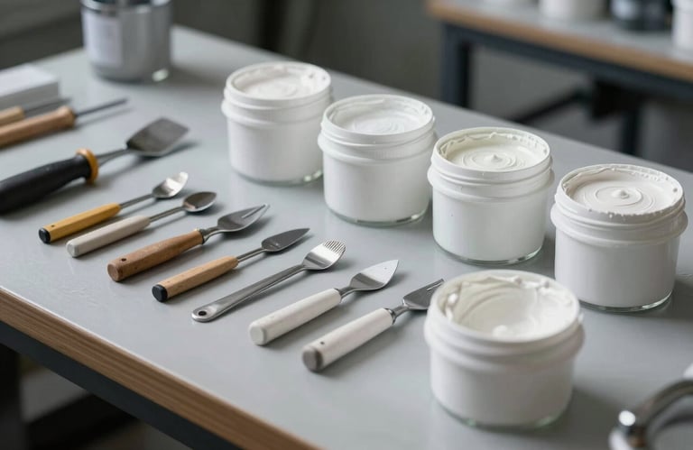 Set of high-quality professional finishing tools and containers of white glaze on a clean workstation, soft industrial lighting, gray and white palette.