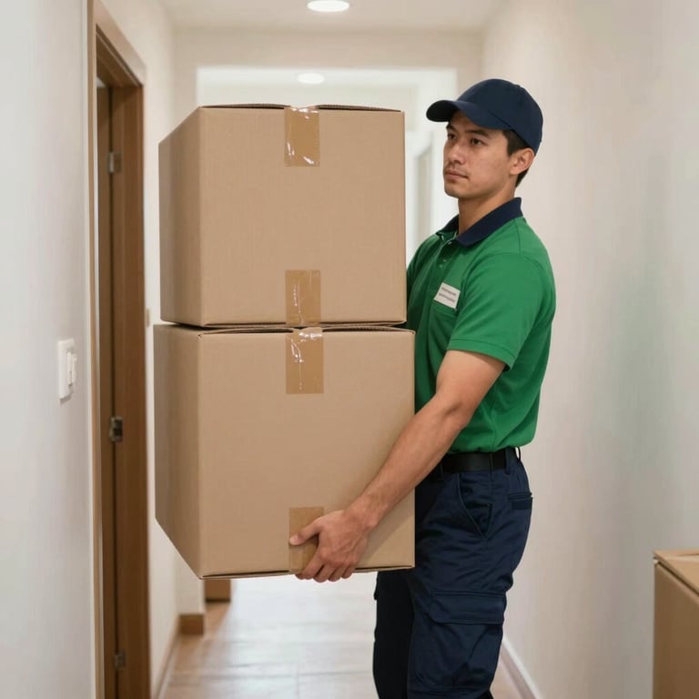 Photography of a professional mover in a green and navy blue uniform carrying a heavy moving box through a North American house hallway.