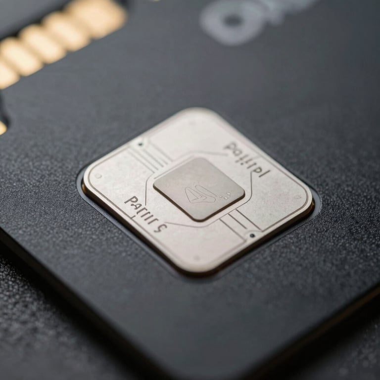 Close-up of a high-tech security chip on a sleek black card, macro photography, futuristic atmosphere with subtle yellow light leaks.