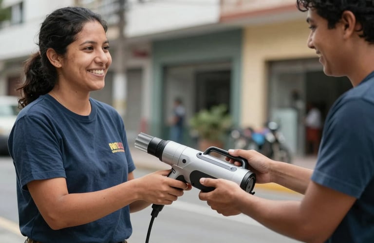 Two people in a friendly exchange, handing over a professional-grade cleaning machine in an urban South American setting, emphasizing community trust and service.