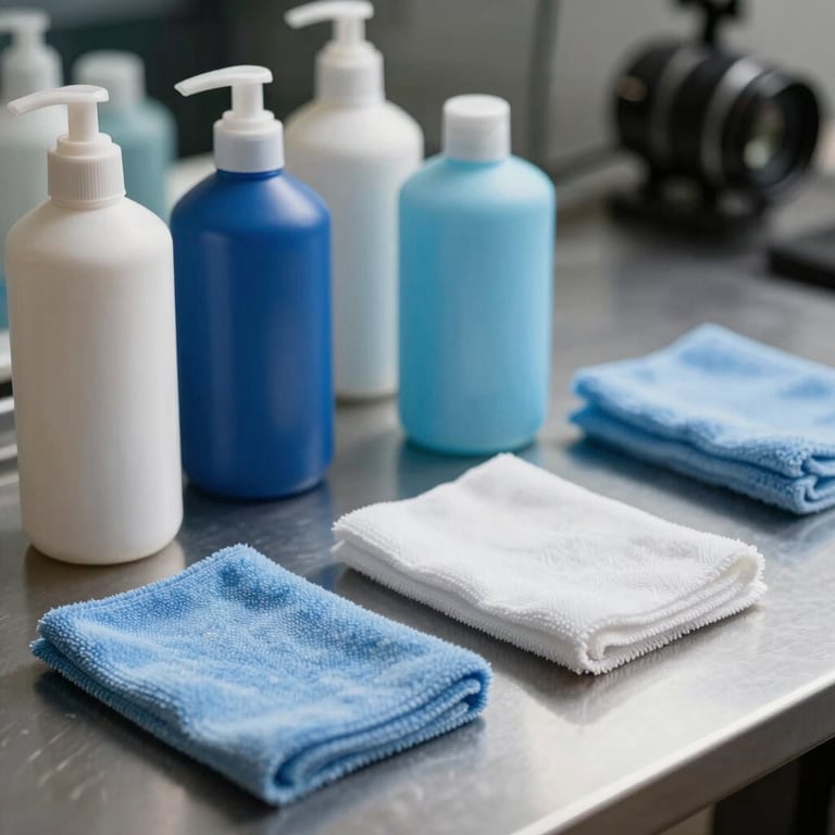 Still life photography of professional automotive ceramic coating bottles and microfiber applicators on a clean metallic surface, soft focus, elegant lighting, Delft Blue and Silver Lake Blue color scheme.