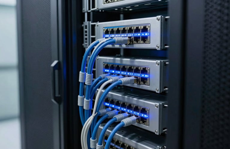 A clean and organized server room with blinking blue lights and professional networking cables, emphasizing high-tech infrastructure.