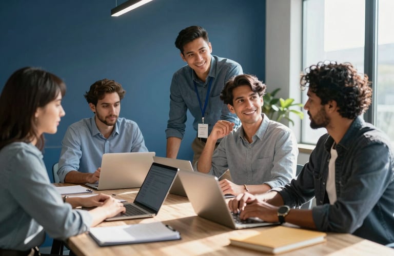 A diverse team of IT professionals in North American business casual attire collaborating in a sunlit meeting room with deep blue accents.