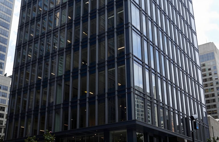 Modern North American corporate lobby with clean lines, glass walls, and a professional atmosphere in dark navy tones.