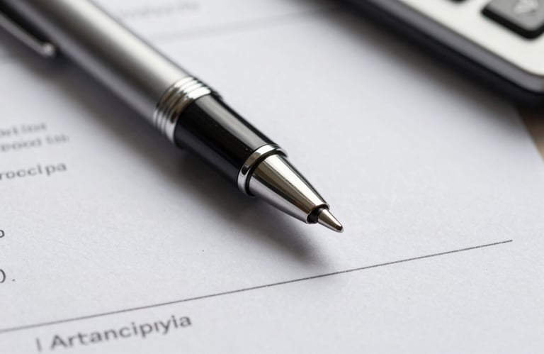 Macro shot of a pen resting on a financial contract, sharp focus, professional office lighting in a North American setting.
