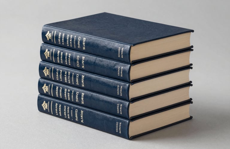 A clean, studio photograph of a stack of hardcover professional reference books. The lighting is crisp, and the color tones are dark slate and steel blue, representing established knowledge.