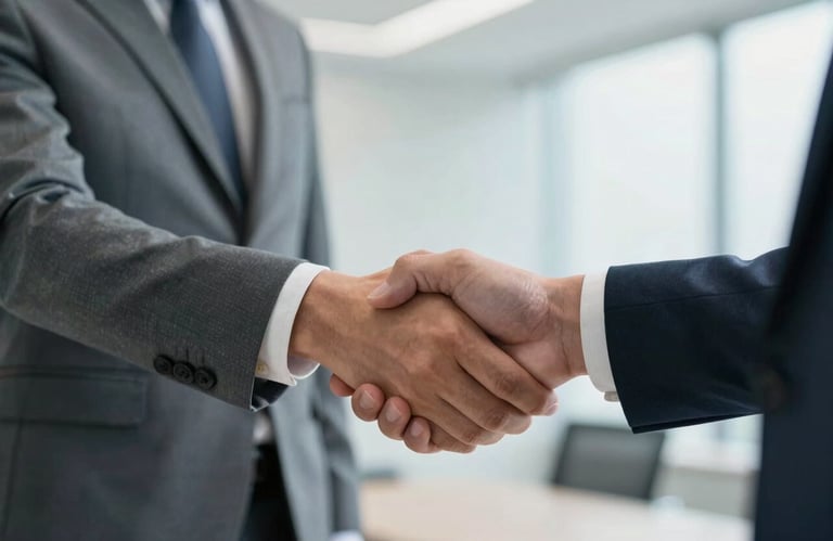 A professional photograph of a firm handshake between two people in business attire. The background is a brightly lit, modern office with soft blue-grey and off-white colors.