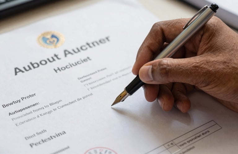 A close-up shot of professional certification documents on a desk, with a South Asian / Indian hand holding a high-quality fountain pen, reflecting authority.
