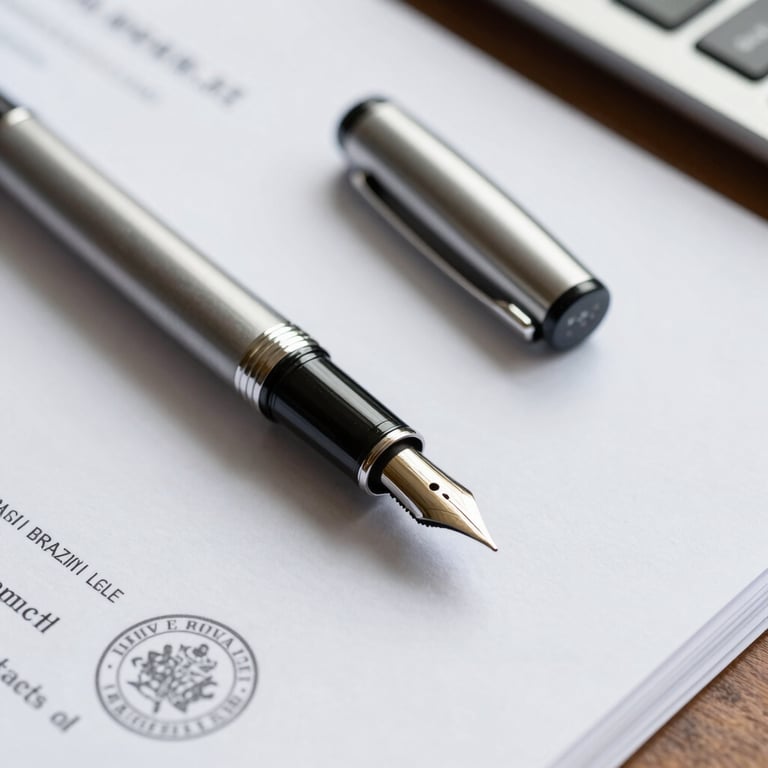 A macro shot of a high-quality fountain pen resting on a crisp white legal document with an official stamp, professional desk setting in a Brazilian law firm.