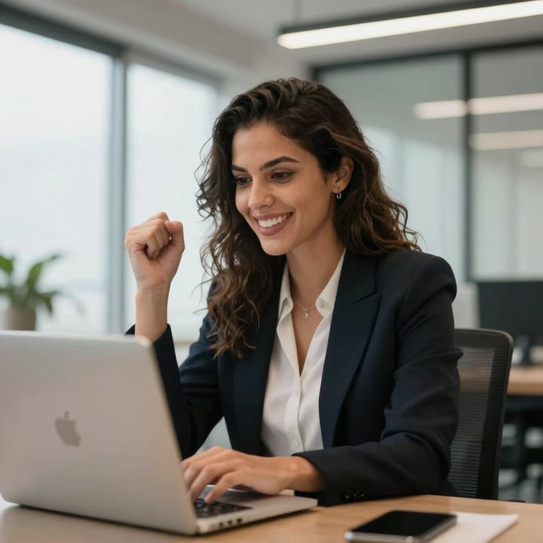A professional Brazilian woman in business attire looking at a laptop screen with a look of success, bright and modern South American office interior.