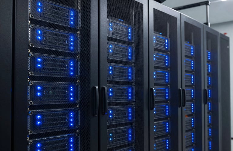 A high-tech server room with glowing blue status lights, symbolizing the digital infrastructure and electronic systems of the company.