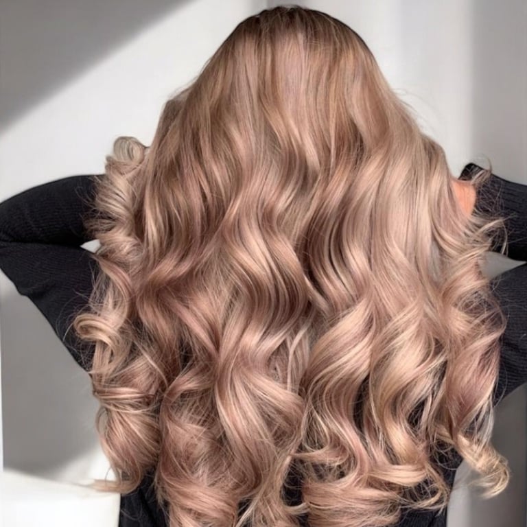 Rückenansicht einer Frau mit langem, voluminösem Balayage-Blond