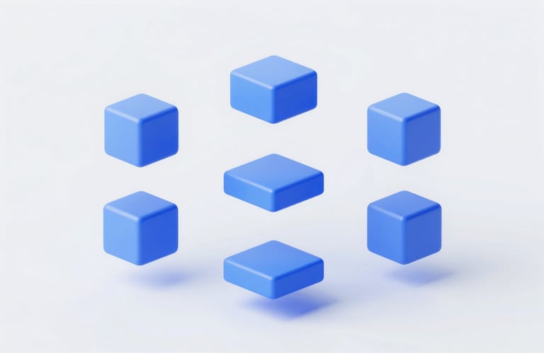 A minimalist 3D rendering of geometric shapes floating in a structured pattern, symbolizing modern design and modular software architecture, using #71A2B6.