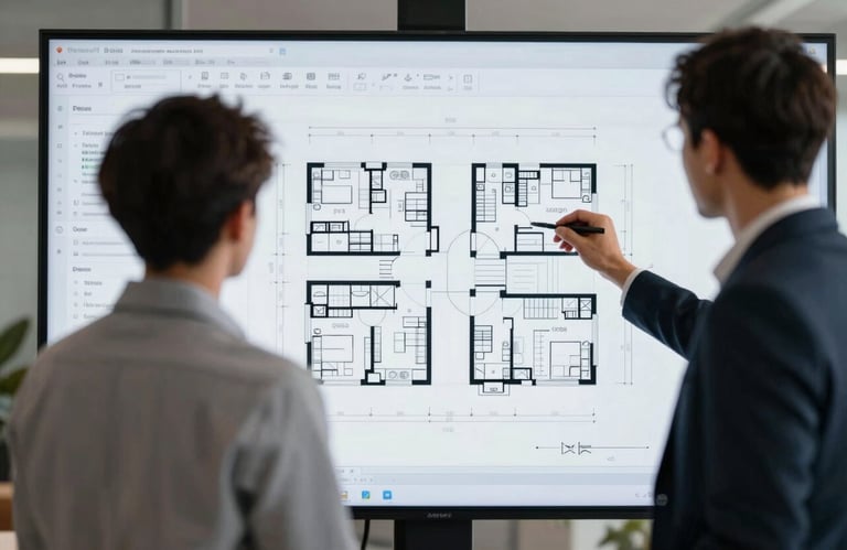 Two professionals in a modern setting collaborating over a blueprint on a large screen, signifying strategic development and partnership.