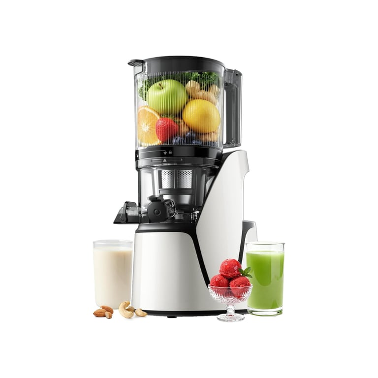 A white cold press juicer filled with fresh fruits and vegetables next to healthy green juice and nut milk.