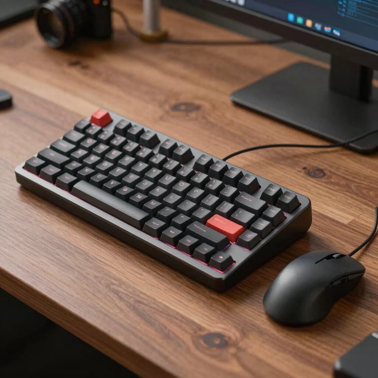 A detailed shot of a high-end mechanical keyboard and mouse on a clean wooden desk in a North American studio space.