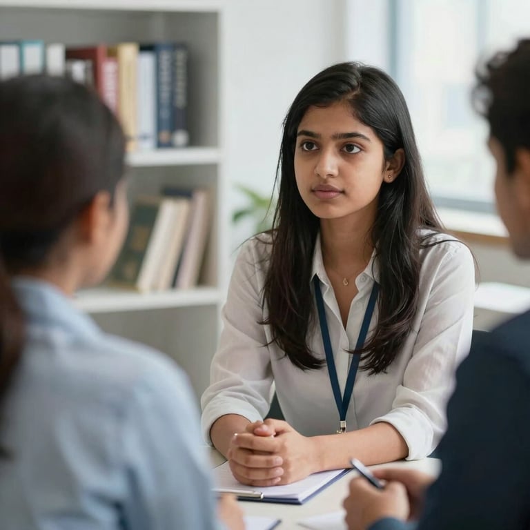 A South Asian student attentively listening during an educational counseling session in a bright, modern office with books in the background.