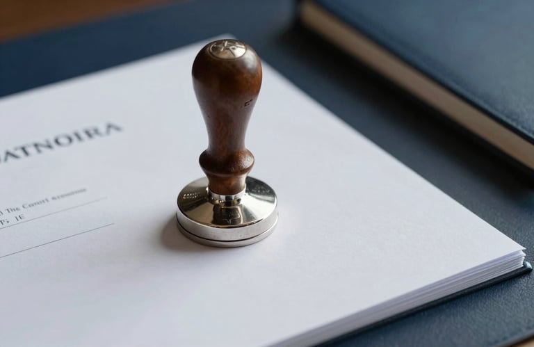 A close-up shot of a silver embossed notary seal on a white legal document, professional desk setting with Dark Navy and Soft Steel Blue accents.